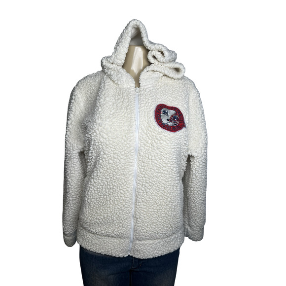 New England Patriots Hoodie Womens Large White Sherpa Fleece Zip NFL Football - Picture 1 of 13